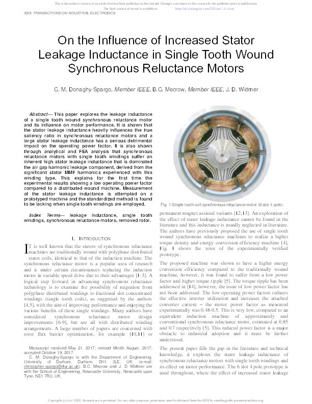 On the Influence of Increased Stator Leakage Inductance in Single Tooth Wound Synchronous Reluctance Motors Thumbnail