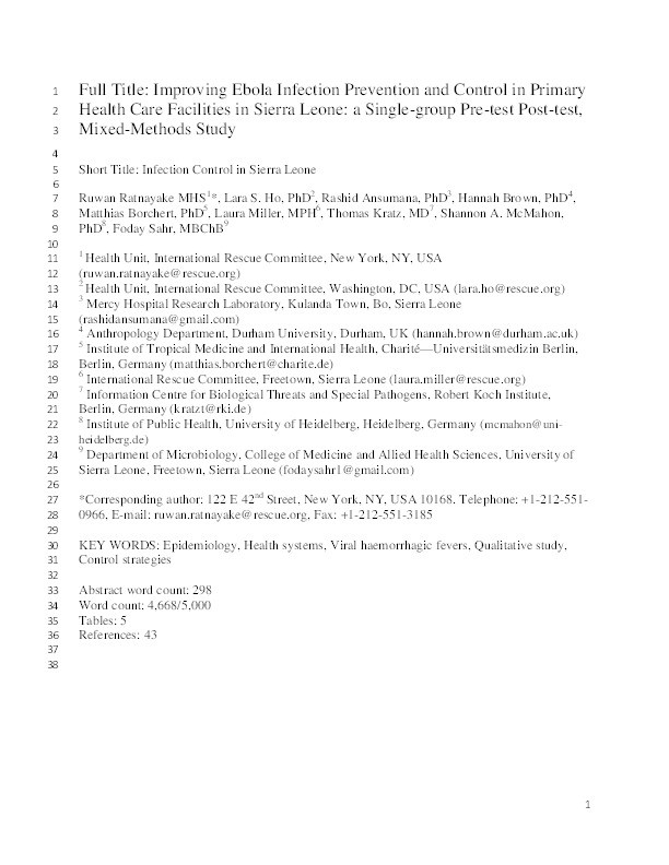 Improving Ebola infection prevention and control in primary healthcare facilities in Sierra Leone: a single-group pretest post-test, mixed-methods study Thumbnail