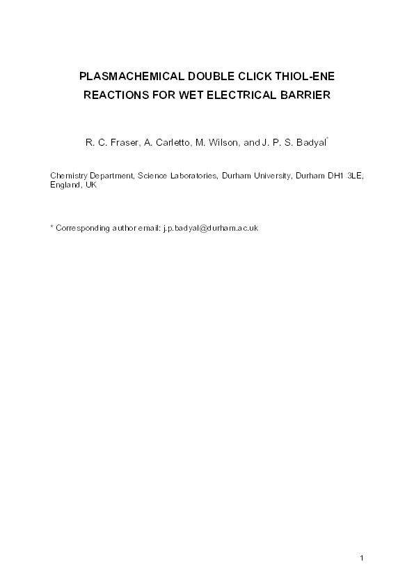 Plasmachemical Double Click Thiol–ene Reactions for Wet Electrical Barrier Thumbnail