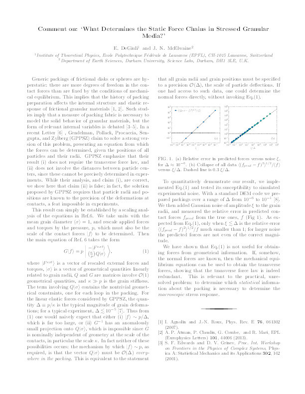 Comment on “What Determines the Static Force Chains in Stressed Granular Media?” Thumbnail