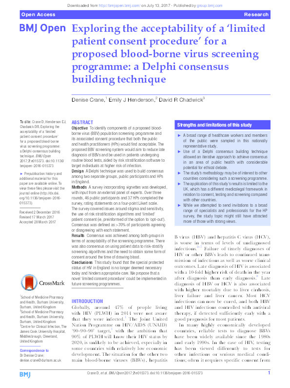 Exploring the acceptability of a ‘limited patient consent procedure’ for a proposed blood-borne virus screening programme: a Delphi consensus building technique Thumbnail