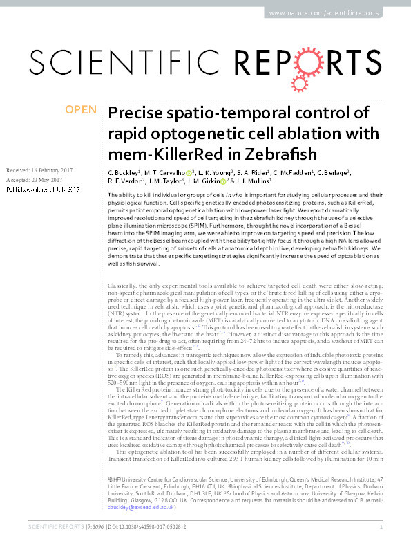 Precise spatio-temporal control of rapid optogenetic cell ablation with mem-KillerRed in Zebrafish Thumbnail