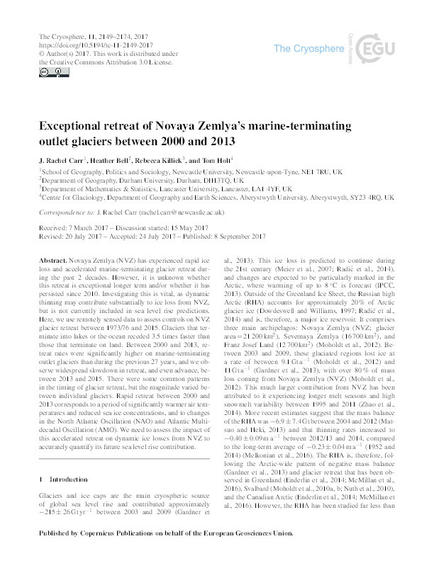 Exceptional retreat of Novaya Zemlya's marine-terminating outlet glaciers between 2000 and 2013 Thumbnail