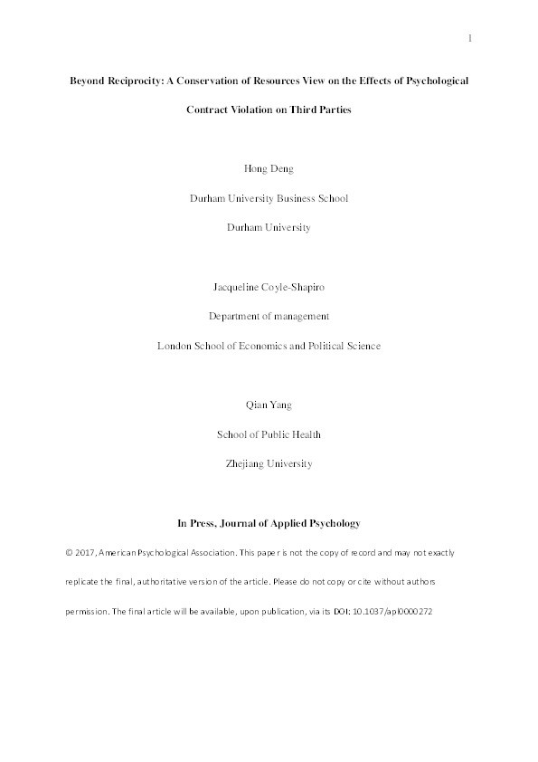 Beyond Reciprocity: A Conservation of Resources View on the Effects of Psychological Contract Violation on Third Parties Thumbnail