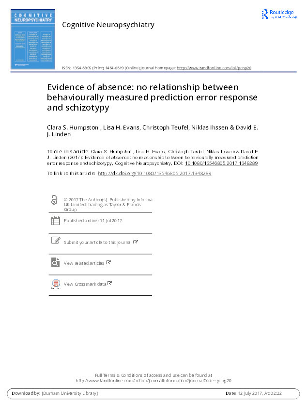 Evidence of absence: no relationship between behaviourally measured prediction error response and schizotypy Thumbnail