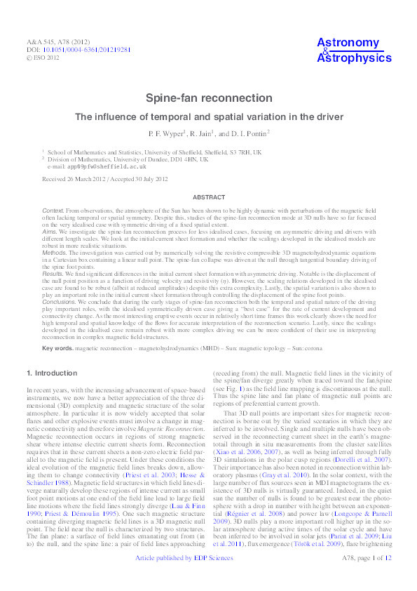 Spine-fan reconnection. The influence of temporal and spatial variation in the driver Thumbnail