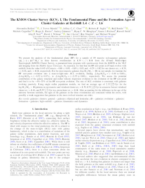 The KMOS Cluster Survey (KCS). I. The Fundamental Plane and the Formation Ages of Cluster Galaxies at Redshift 1.4 < Z < 1.6 Thumbnail