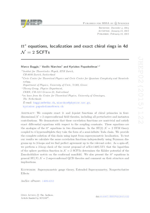 tt∗ equations, localization and exact chiral rings in 4d N = 2 SCFTs Thumbnail