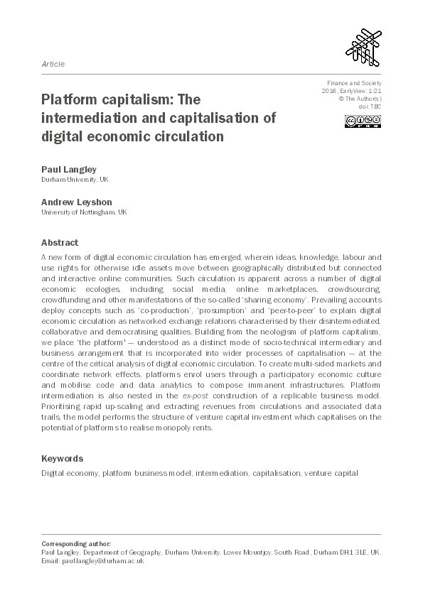 Platform Capitalism: The Intermediation and Capitalization of Digital Economic Circulation Thumbnail