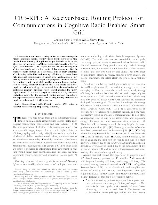 CRB-RPL: A Receiver-based Routing Protocol for Communications in Cognitive Radio Enabled Smart Grid Thumbnail