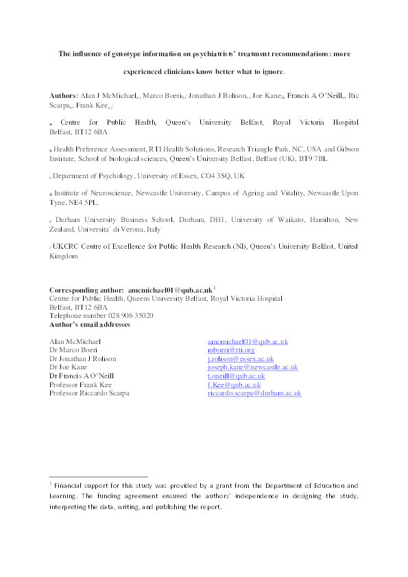 The influence of genotype information on psychiatrists’ treatment recommendations: more experienced clinicians know better what to ignore Thumbnail
