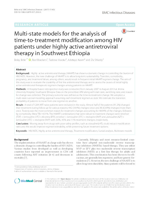 Multi-state models for the analysis of time-to-treatment modification among HIV patients under highly active antiretroviral therapy in Southwest Ethiopia Thumbnail