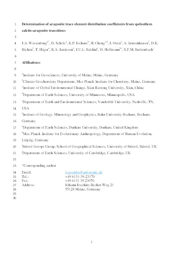 Determination of aragonite trace element distribution coefficients from speleothem calcite–aragonite transitions Thumbnail