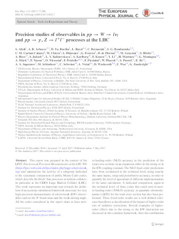 Precision studies of observables in pp → W → lνl and pp → γ , Z → l+l− processes at the LHC Thumbnail