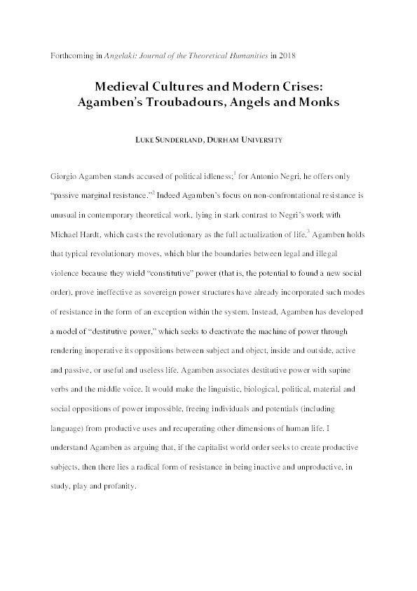 Medieval Cultures and Modern Crises: Agamben’s Troubadours, Angels and Monks Thumbnail