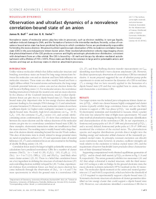 Observation and ultrafast dynamics of a nonvalence correlation-bound state of an anion Thumbnail