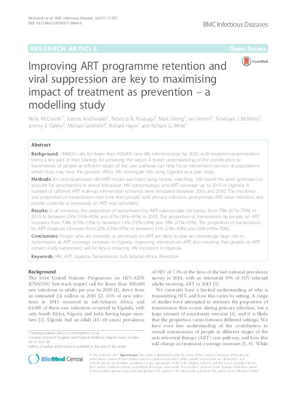 Improving ART programme retention and viral suppression are key to maximising impact of treatment as prevention – a modelling study Thumbnail