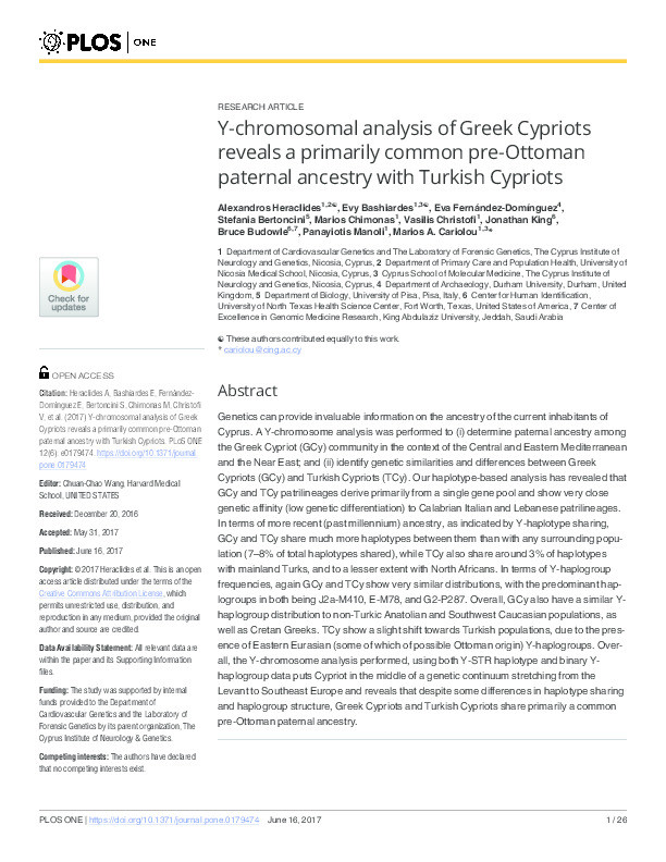 Y-chromosomal analysis of Greek Cypriots reveals a primarily common pre-Ottoman paternal ancestry with Turkish Cypriots Thumbnail