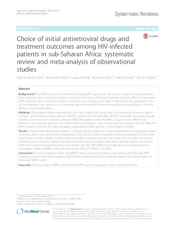 Choice of initial antiretroviral drugs and treatment outcomes among HIV-infected patients in sub-Saharan Africa: systematic review and meta-analysis of observational studies Thumbnail