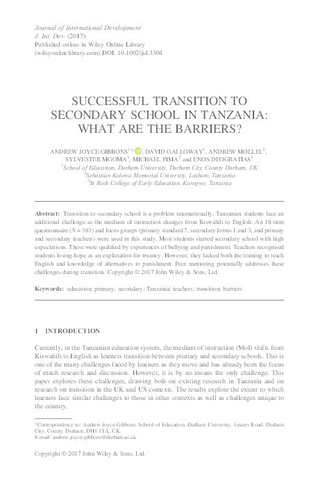 Successful transition to secondary school in Tanzania: What are the barriers? Thumbnail