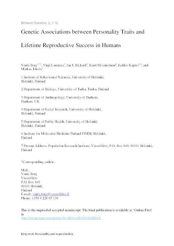 Genetic Associations Between Personality Traits and Lifetime Reproductive Success in Humans Thumbnail
