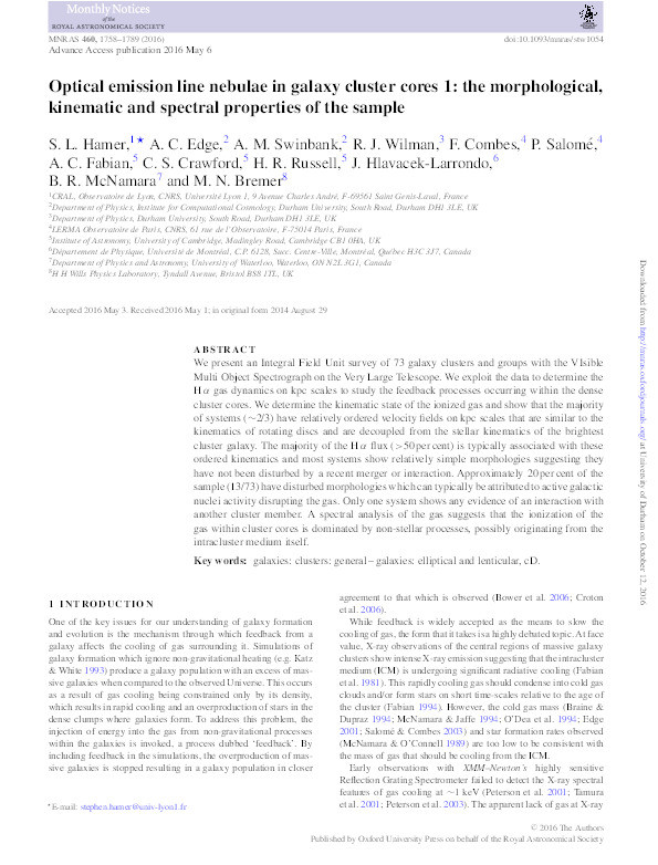 Optical emission line nebulae in galaxy cluster cores 1: the morphological, kinematic and spectral properties of the sample Thumbnail