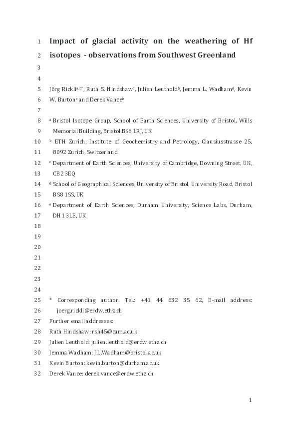 Impact of glacial activity on the weathering of Hf isotopes – Observations from Southwest Greenland Thumbnail