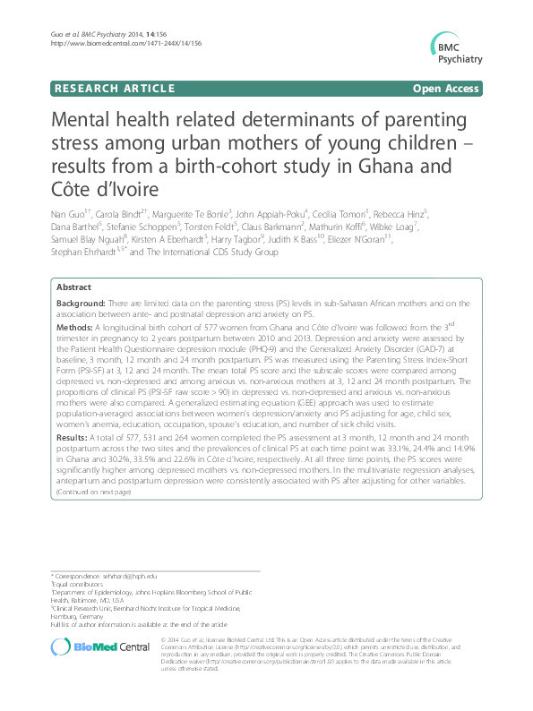 Mental health related determinants of parenting stress among urban mothers of young children – results from a birth-cohort study in Ghana and Côte d’Ivoire Thumbnail