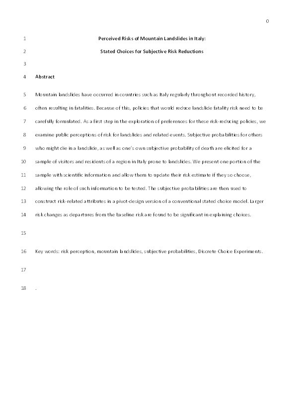 Perceived risks of mountain landslides in Italy: stated choices for subjective risk reductions Thumbnail