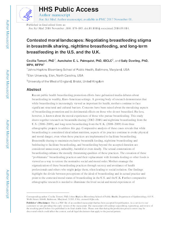 Contested moral landscapes: Negotiating breastfeeding stigma in breastmilk sharing, nighttime breastfeeding, and long-term breastfeeding in the U.S. and the U.K Thumbnail