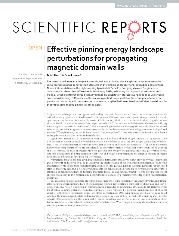 Effective pinning energy landscape perturbations for propagating magnetic domain walls Thumbnail
