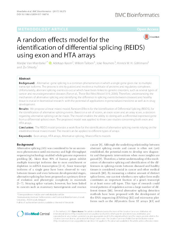 A random effects model for the identification of differential splicing (REIDS) using exon and HTA arrays Thumbnail