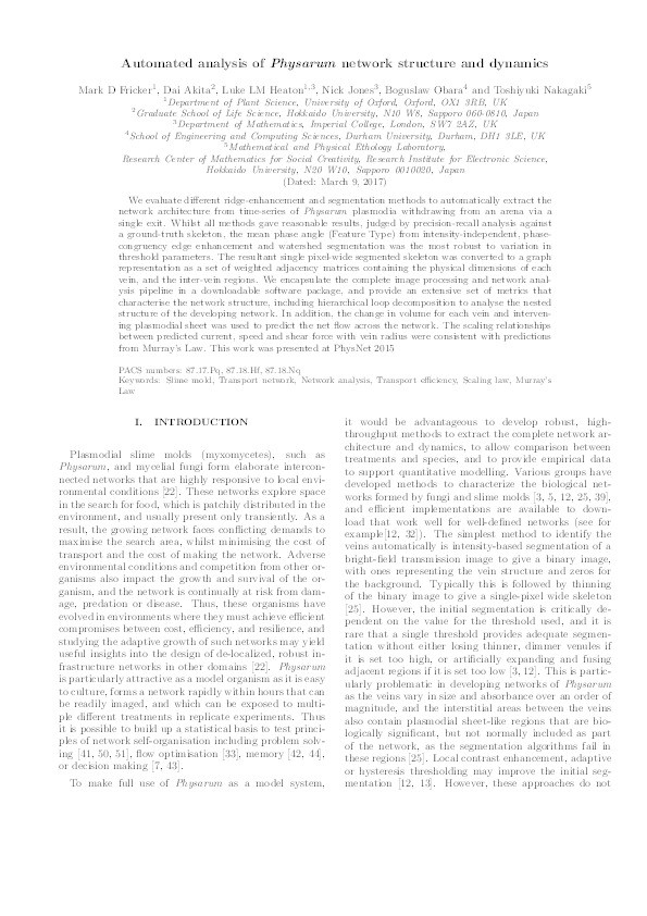 Automated analysis of Physarum network structure and dynamics Thumbnail