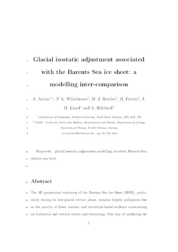 Glacial isostatic adjustment associated with the Barents Sea ice sheet: a modelling inter-comparison Thumbnail