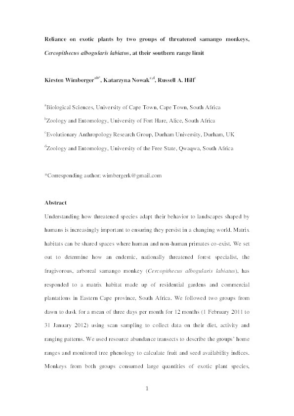 Reliance on exotic plants by two groups of threatened samango monkeys, Cercopithecus albogularis labiatus, at their southern range limit Thumbnail