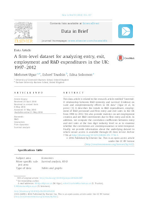 A firm-level dataset for analyzing entry, exit, employment and R&D expenditures in the UK: 1997-2012 Thumbnail