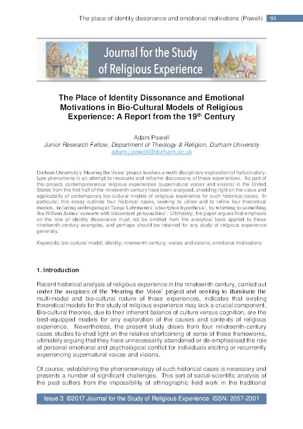 The Place of Identity Dissonance and Emotional Motivations in Bio-Cultural Models of Religious Experience: A Report from the 19th Century Thumbnail