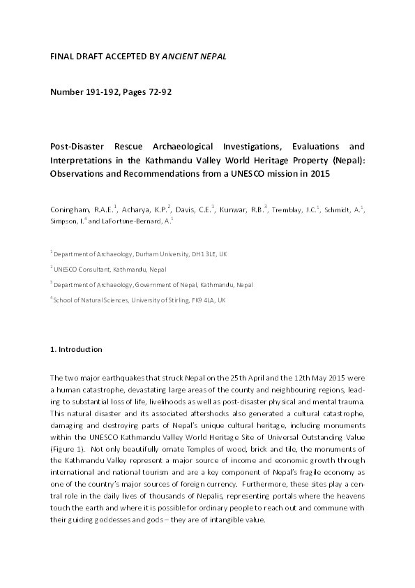 Post-Disaster Rescue Archaeological Investigations, Evaluations and Interpretations in the Kathmandu Valley World Heritage Property (Nepal): Observations and Recommendations from a UNESCO mission in 2015 Thumbnail