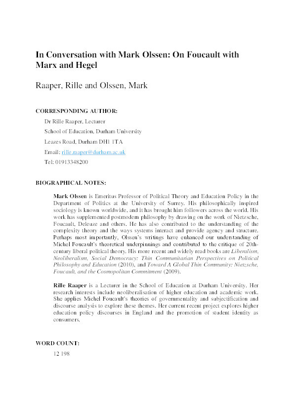 In Conversation with Mark Olssen: On Foucault with Marx and Hegel Thumbnail