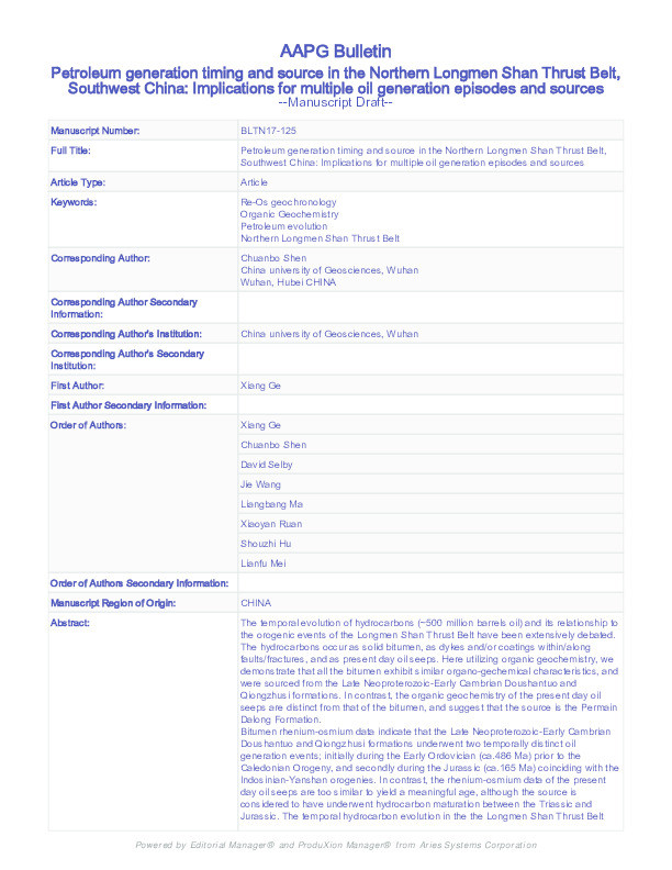 Petroleum generation timing and source in the Northern Longmen Shan Thrust Belt, Southwest China: Implications for multiple oil generation episodes and sources Thumbnail