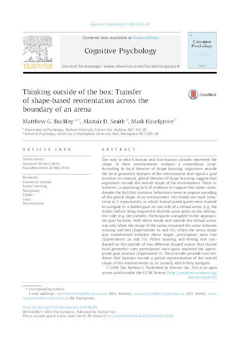 Thinking outside of the box: Transfer of shape-based reorientation across the boundary of an arena Thumbnail