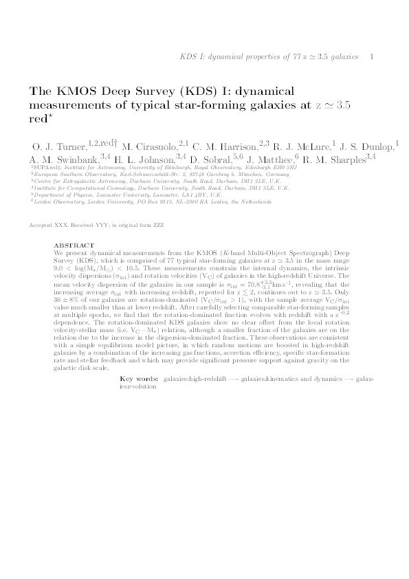 The KMOS Deep Survey (KDS) – I. Dynamical measurements of typical star-forming galaxies at z ≃ 3.5 Thumbnail