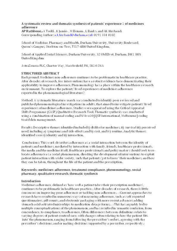 A systematic review and thematic synthesis of patients' experience of medicines adherence Thumbnail