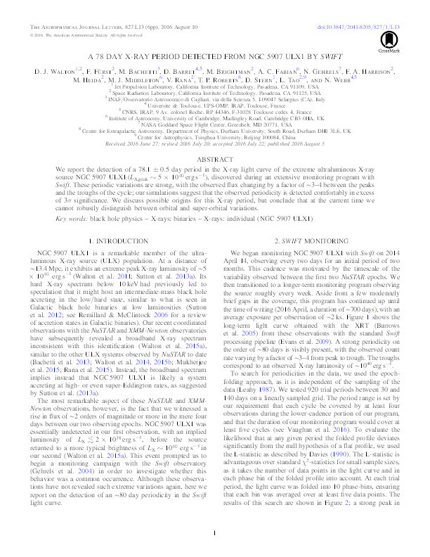 A 78 Day X-Ray Period Detected from NGC 5907 ULX1 by Swift Thumbnail