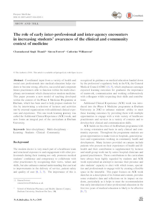 The role of early inter-professional and inter-agency encounters in increasing students’ awareness of the clinical and community context of medicine Thumbnail