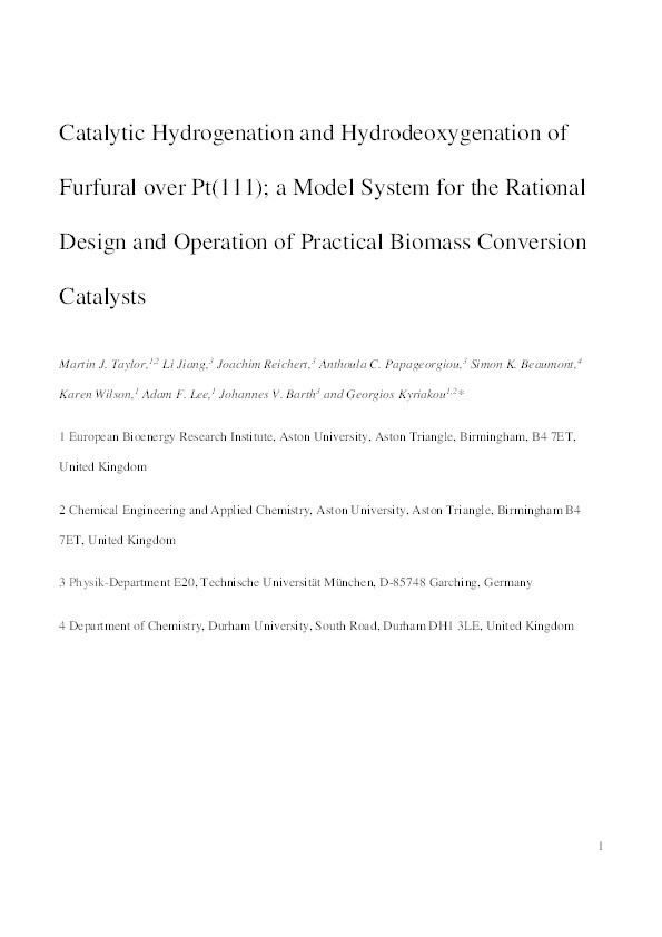 Catalytic Hydrogenation and Hydrodeoxygenation of Furfural over Pt(111): A Model System for the Rational Design and Operation of Practical Biomass Conversion Catalysts Thumbnail