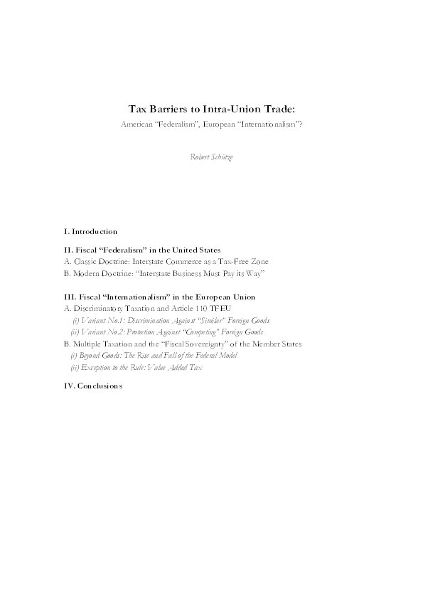 Tax Barriers to Intra-Union Trade: American ‘Federalism’, European ‘Internationalism’? Thumbnail