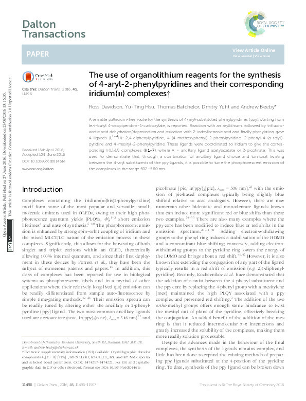 The use of organolithium reagents for the synthesis of 4-aryl-2-phenylpyridines and their corresponding iridium(III)complexes Thumbnail