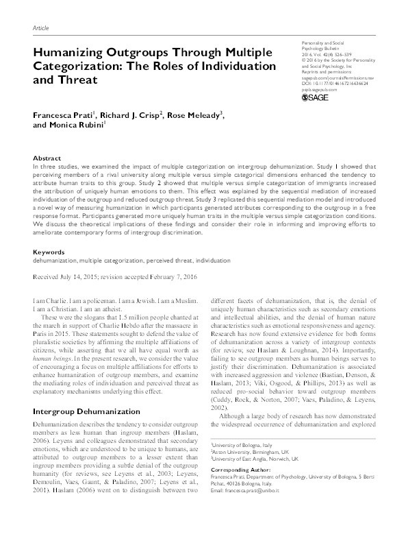 Humanizing Outgroups Through Multiple Categorization: The Roles of Individuation and Threat Thumbnail