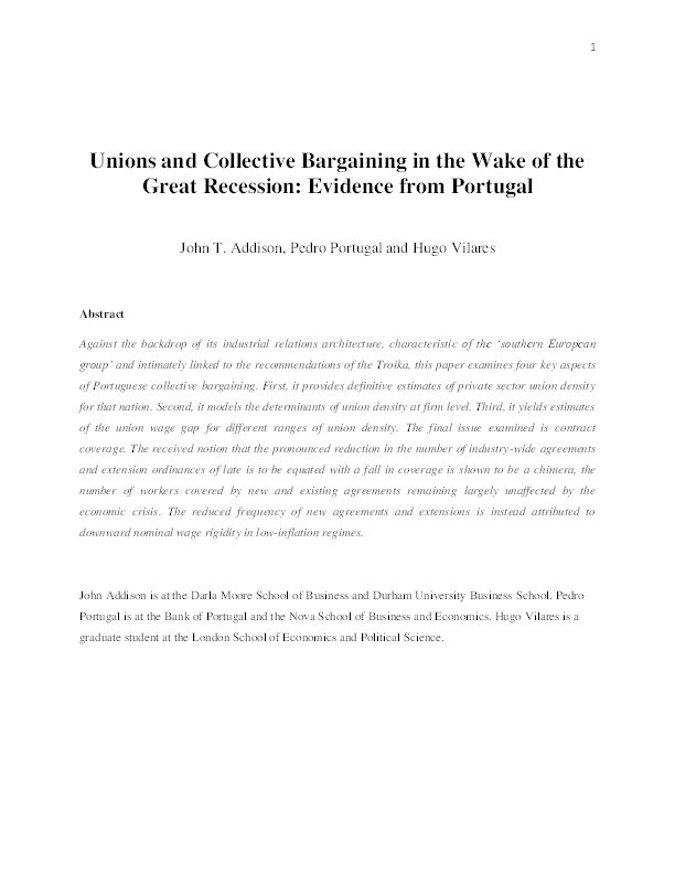 Unions and Collective Bargaining in the Wake of the Great Recession: Evidence from Portugal Thumbnail